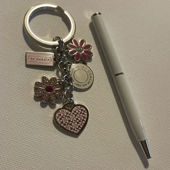 Coach Pink and Silver Floral Heart Keychain and White Coach Pen - Picture 2 of 6
